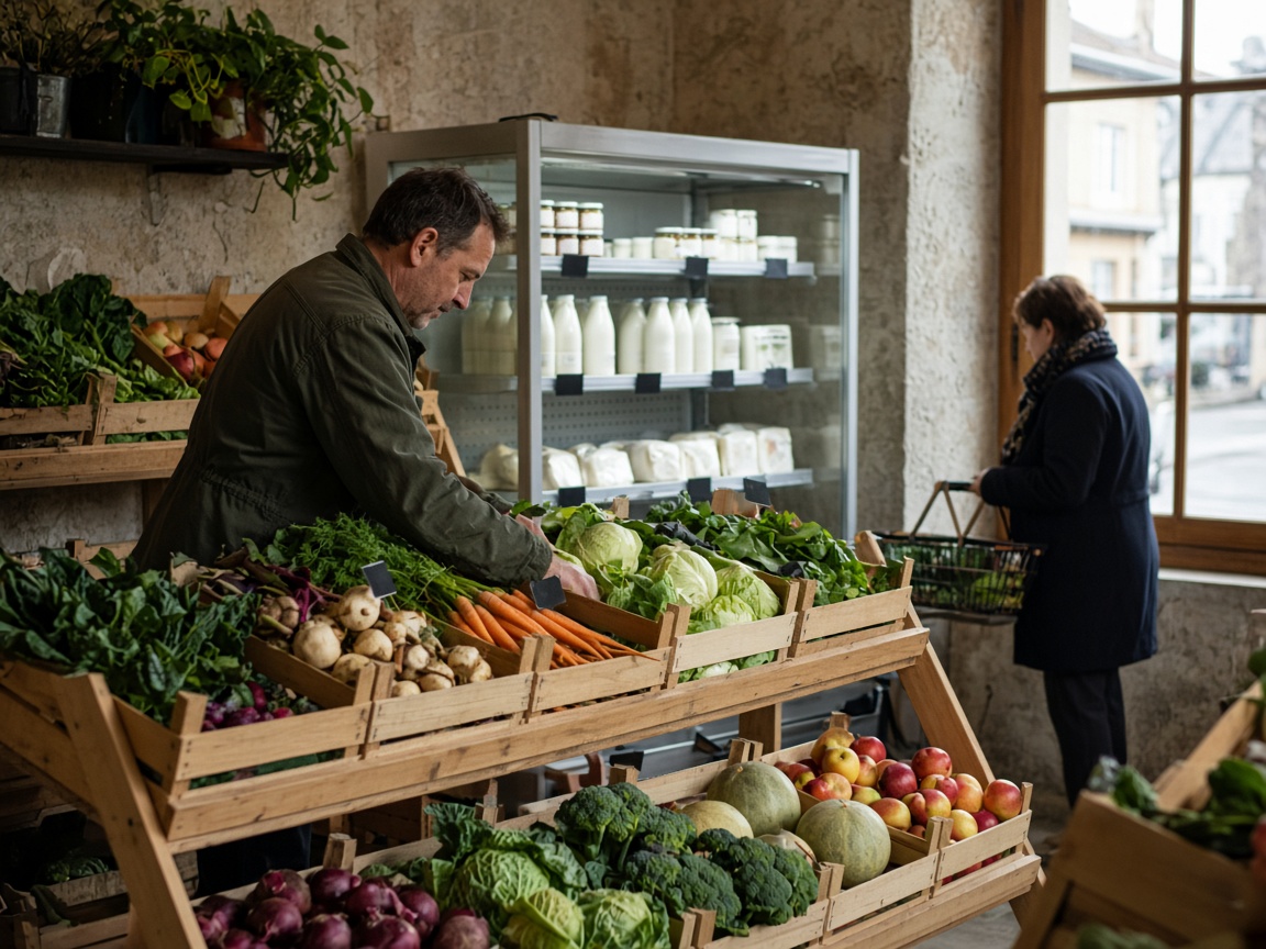 Cageots de légumes et armoire réfrigérée de produits laitiers dans le magasin