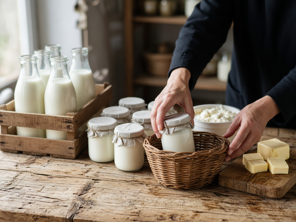 Bouteilles de lait en verre, pots de yaourt fermier et fromage blanc sur une table en bois